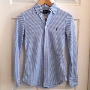 Ralph Lauren Knit Oxford button-up. Blue and white stripe, size XS.